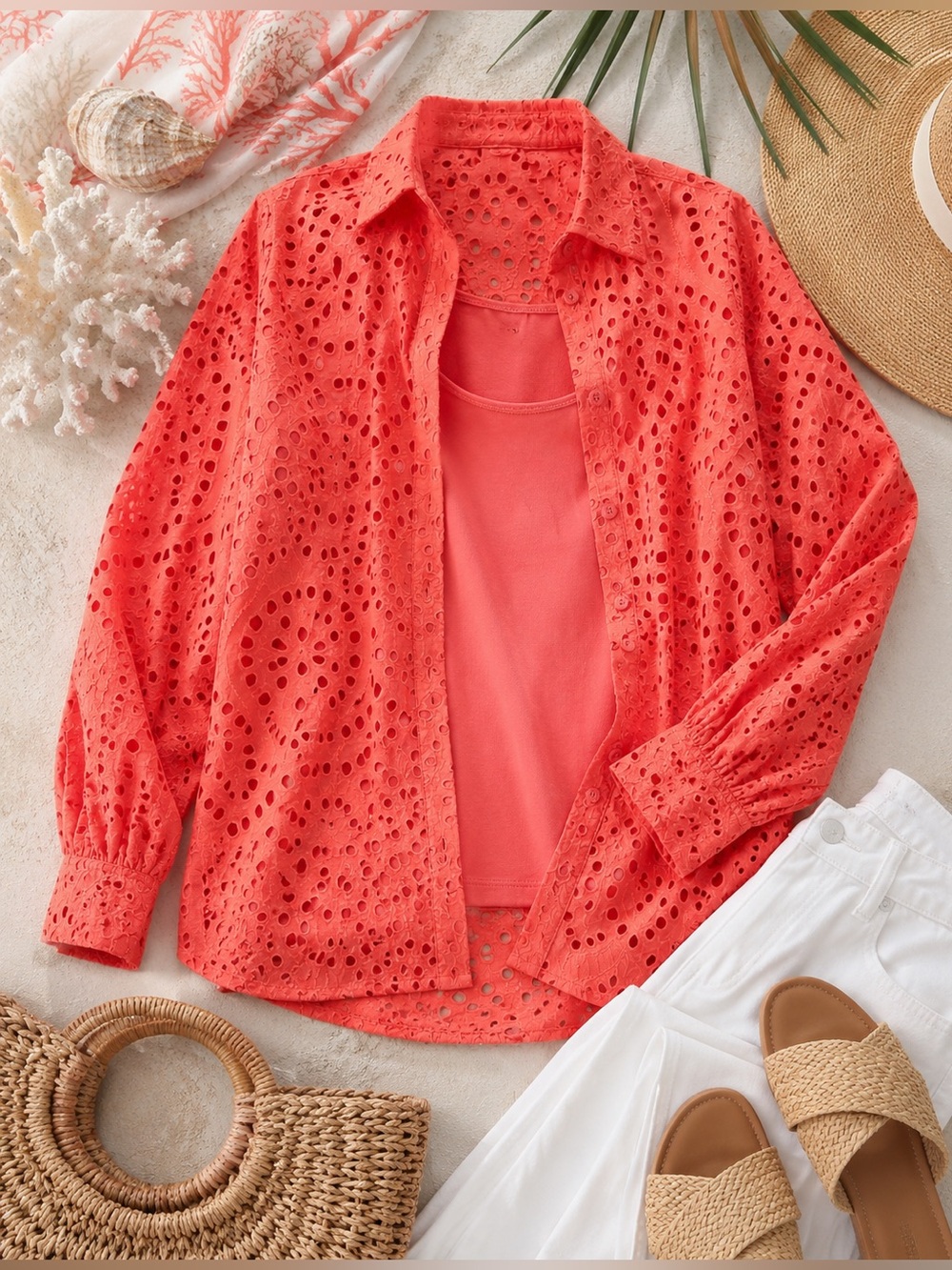 Chico’s Coral Eyelet Button Front Shirt & Matching Tank Set Size small